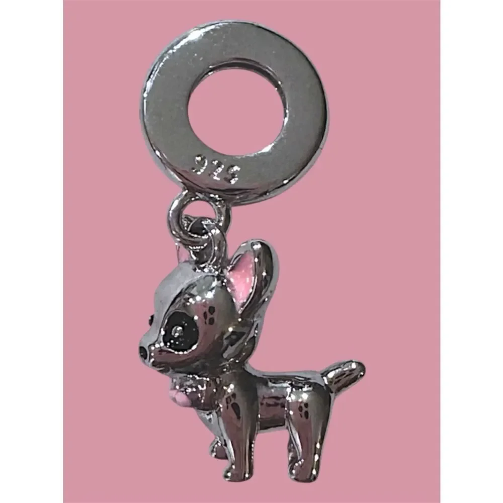 Silver Chihuahua Dog Charm with Pink Bow - Pet Lover Jewelry